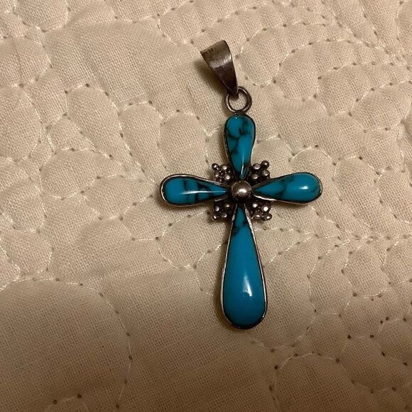 𝅺sterling SILVER 925 TURQUOISE INLAID LARGE CROSS​ - Picture 6 of 8